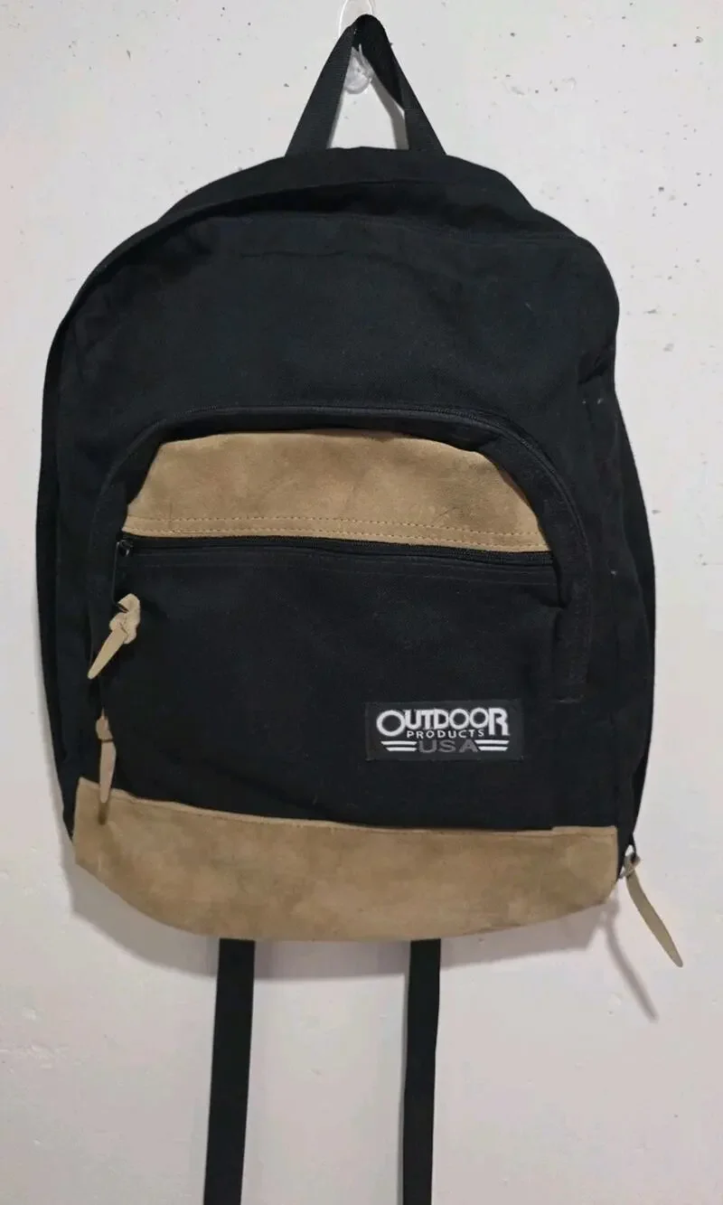 Vintage Outdoor Products USA Black Tan Suede Backpack Multiple Pockets 80s 90s